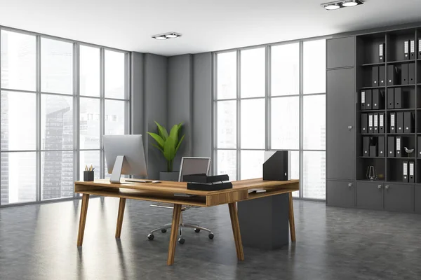 Corner Modern Ceo Office Gray Walls Concrete Floor Computer Table — Stock Photo, Image