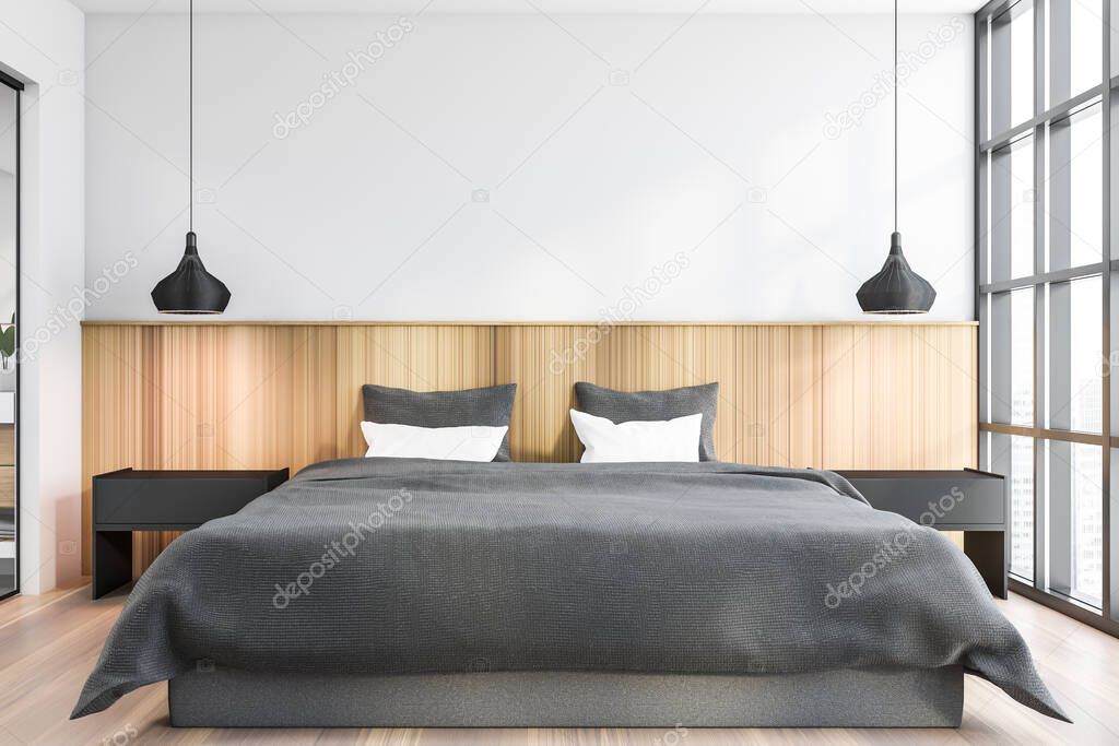 Interior of stylish bedroom with white and wooden walls, wooden floor and king size bed. 3d rendering