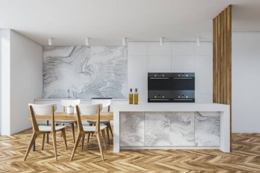 Beyaz mermer duvarlı modern mutfak, ahşap zemin, sandalyeli bar ve iki fırın. 3d oluşturma