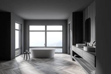 Gri ve ahşap duvarlı modern banyonun içi, ahşap zemin, rahat küvet ve iki dikey aynalı çift lavabo. 3d oluşturma