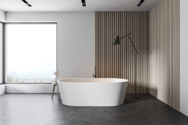 Modern banyo, beyaz ve ahşap duvarlar, beton zemin ve rahat küvet. 3d oluşturma