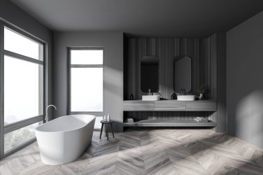 Gri ve ahşap duvarlı modern banyo, ahşap zemin, rahat küvet ve iki dikey aynalı çift lavabo. 3d oluşturma