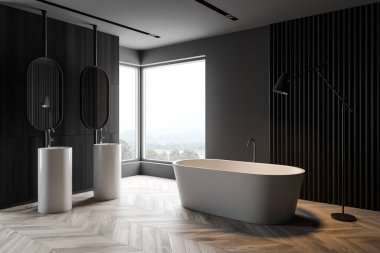 Koyu gri duvarları, ahşap zemini, rahat küveti, çift lavabosu ve oval aynaları olan şık banyonun köşesi. Bulanık görüntü. 3d oluşturma