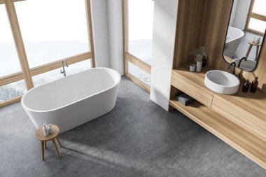 Beyaz ve ahşap duvarları, beton zemini, rahat küveti ve iki dikey aynalı çift lavabosu olan şık bir banyo manzarası. 3d oluşturma