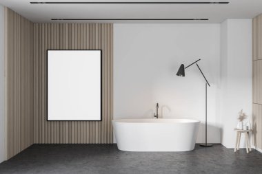 Modern banyo, beyaz ve ahşap duvarlar, beton zemin ve rahat küvet. Dikey maket posteri. 3d oluşturma