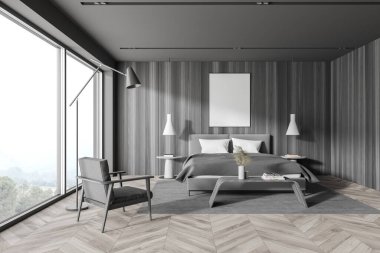 Gri ve ahşap duvarlı, tahta zeminli, rahat kral yatağı, koltuğu ve sahte posterli şık yatak odasının içi. 3d oluşturma