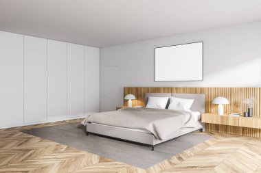 Modern yatak odasının köşesinde beyaz duvarlar, ahşap zemin, rahat kral yatağı ve sahte poster. 3d oluşturma