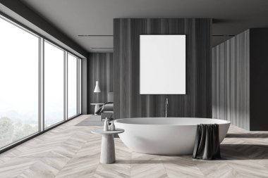 Gri ve ahşap duvarları, ahşap zemini, rahat küveti ve arka planda yatak odası olan modern banyonun içi. Posteri düzenle. 3d oluşturma