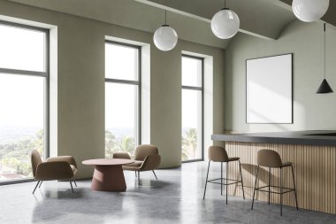 Beyaz duvarları, beton zemini, yuvarlak masaları, kahverengi koltukları ve bar tezgahı olan modern kantinin köşesi. Posteri düzenle. 3d oluşturma