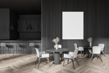 Gri ve ahşap duvarlı modern restoranın içi, ahşap zemin, beyaz sandalyeli yuvarlak masalar, tabureli bar tezgahı ve sahte poster. 3d oluşturma