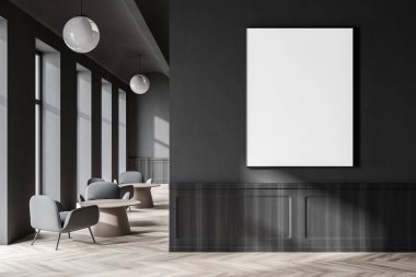 Beyaz duvarları, beton zemini, yuvarlak masaları ve kahverengi koltukları olan modern kantinin içi. Posteri düzenle. 3d oluşturma