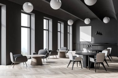 Gri duvarları, ahşap zemini, yuvarlak masaları ve beyaz sandalyeleri olan şık bir restoranın köşesinde. Posteri düzenle. 3d oluşturma