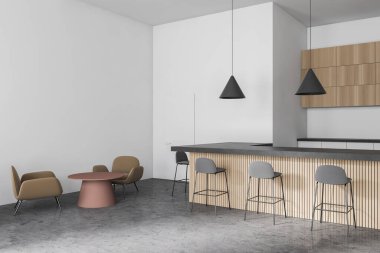 Beyaz ve ahşap duvarları, beton zemini, kahverengi sandalyeli yuvarlak masaları ve bar tezgahı olan şık bir kafe bar köşesi. 3d oluşturma