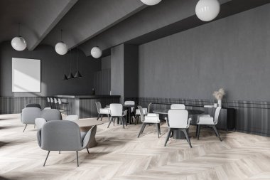 Gri duvarları, ahşap zemini, yuvarlak masaları ve beyaz sandalyeleri olan şık bir kafe köşesi. Posteri düzenle. 3d oluşturma
