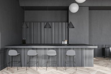 Gri duvarları, ahşap zemini, bar tezgahı ve tabureleri olan Stylihs Bar 'ın içi. 3d oluşturma