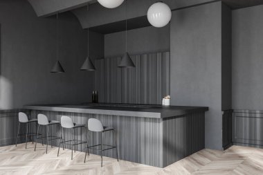 Gri duvarları, tahta zemini, bar tezgahı ve tabureleri olan Stylihs Bar 'ın köşesinde. 3d oluşturma
