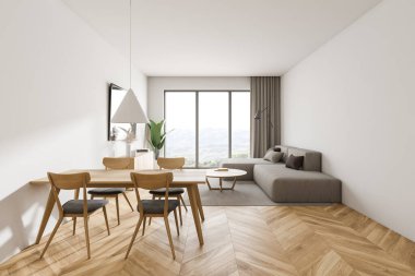 Beyaz duvarları, ahşap zemini, bej kanepesi ve yemek masası olan modern oturma odasının içi. 3d oluşturma