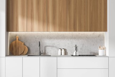 Beyaz ve ahşap duvarları, beton zemini, beyaz ve ahşap dolapları olan modern mutfağı kapatın. 3d oluşturma