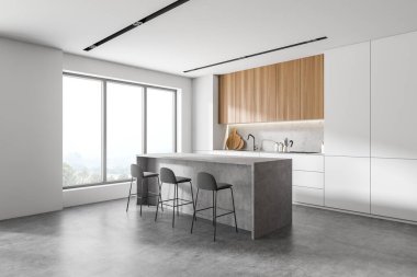 Beyaz ve ahşap duvarlı modern mutfağın köşesi, beton zemin ve tabureli bar. 3d oluşturma