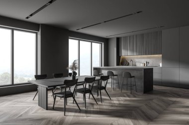 Gri ve ahşap duvarları, ahşap zemini, barı ve yemek masası olan şık bir mutfağın köşesi. 3d oluşturma