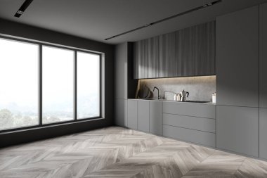 Gri ve ahşap duvarları, ahşap zemini, gri ve ahşap dolapları olan şık bir mutfağın köşesi. 3d oluşturma