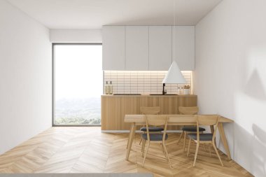 Beyaz duvarları, ahşap zemini, beyaz ve ahşap dolapları ve yemek masası olan modern mutfağın içi. 3d oluşturma