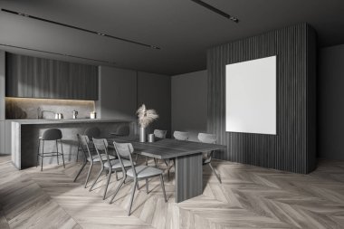 Gri ve ahşap duvarları, ahşap zemini, barı ve yemek masası olan şık bir mutfağın köşesi. Posteri düzenle. 3d oluşturma