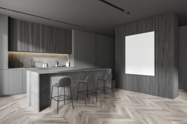 Mutfağın köşesinde gri ve ahşap duvarlar, ahşap zemin ve tabureli bir bar var. Posteri düzenle. 3d oluşturma