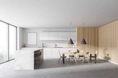 Beyaz ve ahşap duvarları, beton zemini, bar ve yemek masası olan modern mutfağın içi. Posteri düzenle. 3d oluşturma