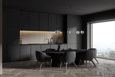 Beyaz duvarlı panoramik mutfak köşesi, ahşap zemin, gri dolaplar ve gri sandalyeli yemek masası. 3d oluşturma