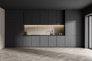 Beyaz duvarları, ahşap zemini ve gri dolapları olan şık bir mutfak. 3d oluşturma