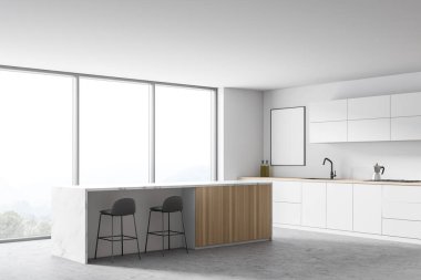 Beyaz duvarları, beton zemini, beyaz dolapları, bar ve maket posterleri olan şık bir mutfak köşesi. 3d oluşturma