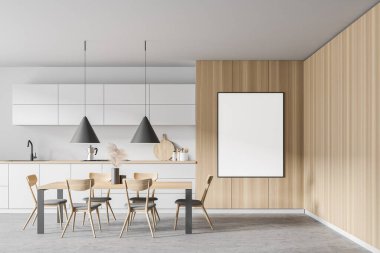 Beyaz ve ahşap duvarları, beton zemini, beyaz dolapları, yemek masası ve afişi olan şık bir mutfak. 3d oluşturma