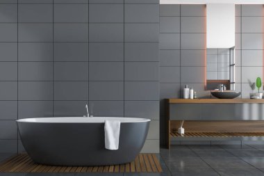 Gri fayanslı duvarları, beton zemini, rahat küveti ve çift lavabosu olan modern banyonun içi. 3d oluşturma