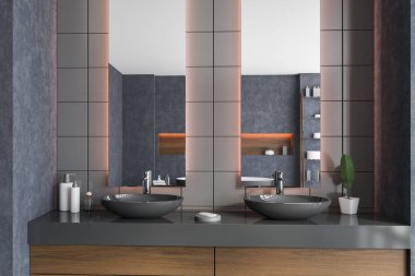 Modern banyo içinde beton duvarları ve beton zemini olan rahat bir çift lavabo. 3d oluşturma