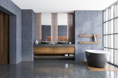 Beton duvarları, döşemeleri, rahat küveti ve çift lavabosu olan şık bir banyo. 3d oluşturma