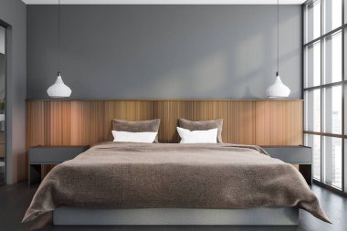 Gri ve ahşap duvarları, ahşap zemini ve kral yatağı olan modern yatak odasının içi. 3d oluşturma