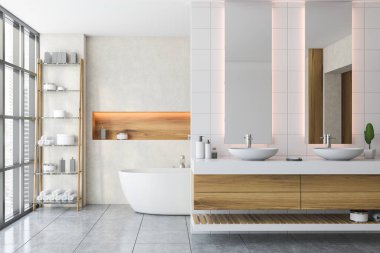 Beyaz duvarları, döşemeleri, rahat küveti ve çift lavabosu olan güzel bir banyo. 3d oluşturma