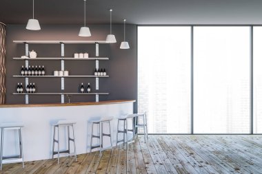 Gri duvarları, ahşap zemini, tabureli beyaz bar tezgahı ve bulanık şehir manzaralı penceresi olan modern restoranın içi. 3d oluşturma