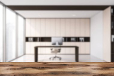 Ürününüz için ahşap masa bulanık panoramik CEO ofisinde beyaz ve bej duvarlı, fayanslı zemin, bilgisayar masası ve şehir manzaralı pencere. 3d oluşturma