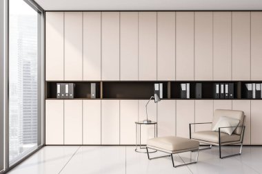 Bej duvarlı, döşemeli, rahat koltuklu klasörlü ve bulanık manzaralı pencereli modern CEO ofisi. 3d oluşturma