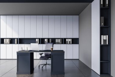 Beyaz ve gri duvarları, fayanslı zemini, bilgisayar masası ve bulanık manzaralı penceresi olan şık CEO ofisi. 3d oluşturma