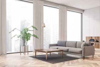 Beyaz ve ahşap duvarlı modern oturma odasının köşesi, ahşap zemin, gri kanepe ve kahve masası. 3d oluşturma