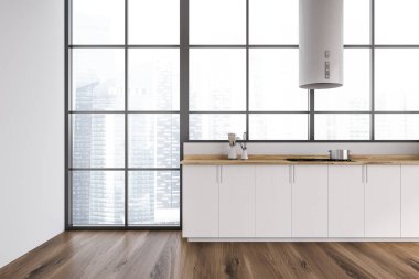 Modern mutfakta beyaz duvarları ve ahşap zemini olan beyaz dolaplar. 3d oluşturma