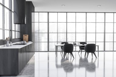 Gri duvarları, beton zemini, gri dolapları ve yemek masası olan modern panoramik mutfağın içi. 3d oluşturma