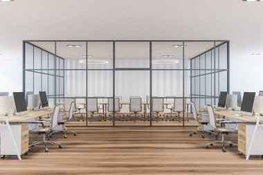 Beyaz duvarları, ahşap zemini, sıra sıra bilgisayar masaları ve arka planda konferans odası olan modern açık uzay ofisinin içi. 3d oluşturma