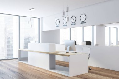 Modern ofis bekleme odasında beyaz duvarları ve ahşap zemini olan rahat beyaz resepsiyon masası duruyor. 3d oluşturma