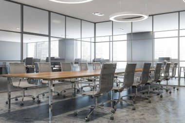 Gri duvarları, beton zemini ve uzun konferans masası olan şık toplantı odasının köşesi. 3d oluşturma