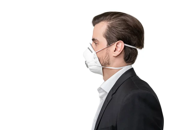 Isolated Side Portrait Young Bearded European Businessman Wearing Protective Mask — Stock Photo, Image