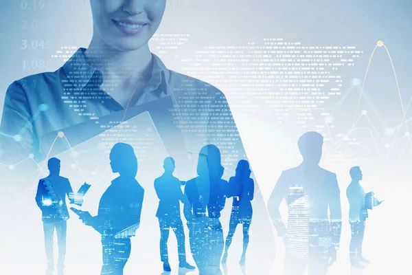 Cheerful Young Businesswoman Folders Her Team Standing Blurry City Double — Stock Photo, Image